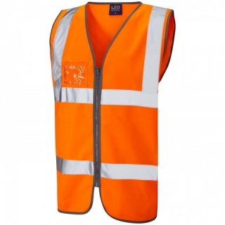 Leo Workwear W02-O Rumsam Hi Vis Vest Zipped and ID Pocket Orange ISO 20471 Class 2